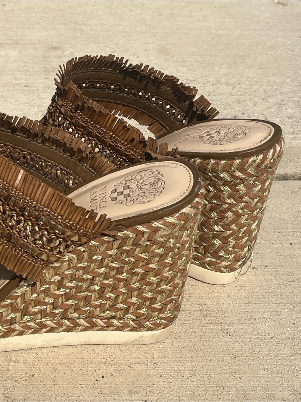 Vince Camuto Woven Fringe Platform Block Heel Slide Sandals Women’s 9 Est - Picture 7 of 9